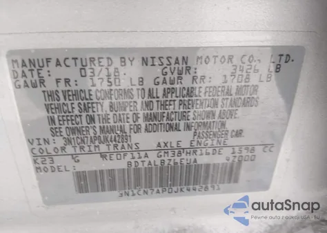 2018 Nissan Versa 1.6 Sv z USA, uszkodzony, nr VIN 3N1CN7AP0JK442891